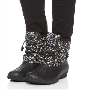Sperry Womens Saltwater Black & White Tribal Weave Rubber Duck Boots Size 6.5